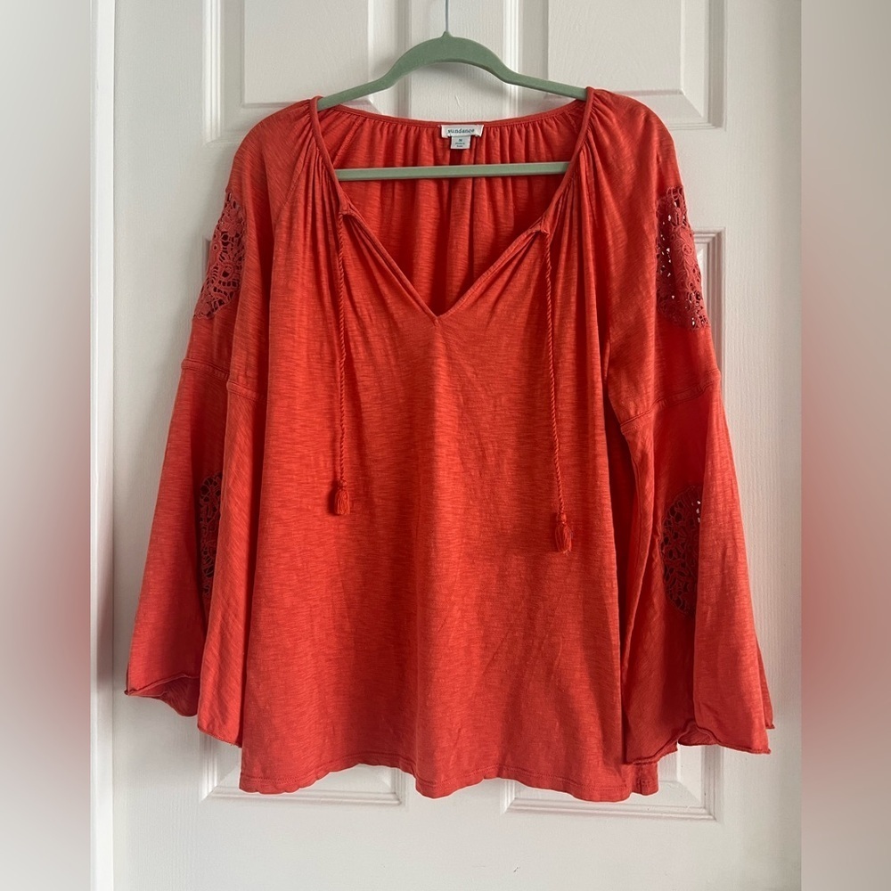 Sundance Orange Tie Front Blouse with 3/4 bell sleeves. Cotton. EUC! Size Med